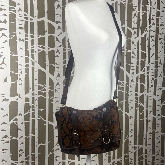 Italian Leather Hair On Hide Cow Print Satchel Chocolate Brown - Picture 3 of 13